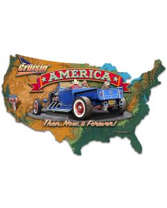 CRUISIN' AMERICA MAP, New Products, Metal Sign, Wall Art, 27 X 16 Inches