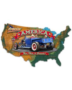 3-D CRUISIN' AMERICA MAP, Automotive, Metal Sign, Wall Art, 25 X 16 Inches
