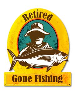 Gone Fishing Retired Vintage Sign, Barn and Country, Metal Sign, Wall Art, 13 X 15 Inches