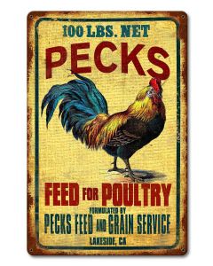 Rooster Feeds And Seeds, Oil & Petro, Metal Sign, Wall Art, 12 X 18 Inches
