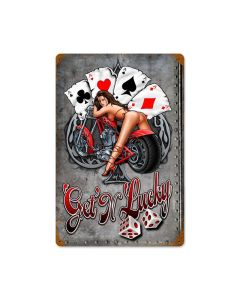 Gettin Lucky Bike Vintage Sign, Other, Metal Sign, Wall Art, 12 X 18 Inches