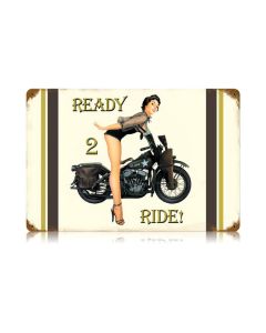 Ready To Ride Vintage Sign, Pinup Girls, Metal Sign, Wall Art, 18 X 12 Inches