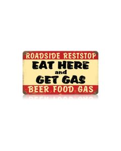 Eat Here Get Gas Vintage Sign, Oil & Petro, Metal Sign, Wall Art, 14 X 8 Inches
