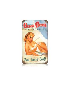 Ocean Beach Vintage Sign, Pinup Girls, Metal Sign, Wall Art, 8 X 14 Inches