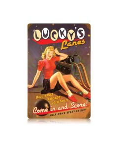 Lucky Lanes Vintage Sign, Pinup Girls, Metal Sign, Wall Art, 12 X 18 Inches
