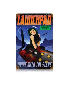Launchpad Lounge Vintage Sign, Pinup Girls, Metal Sign, Wall Art, 12 X 18 Inches