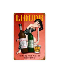 Liquor Pin-Up Vintage Sign, Pinup Girls, Metal Sign, Wall Art, 12 X 18 Inches