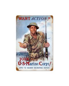 Usmc Action, Military, Metal Sign, Wall Art, 12 X 18 Inches
