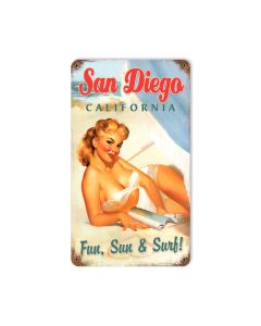 San Diego Pinup Vintage Sign, Pinup Girls, Metal Sign, Wall Art, 8 X 14 Inches