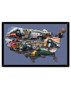 CLASSIC AMERICAN TRAINS COLLAGE MAP 24 x 16 Satin