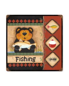 Fishing Bear, Home and Garden, Vintage Metal Sign, 18 X 18 Inches