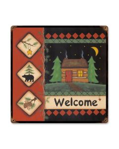 Welcome Cabin, Home and Garden, Vintage Metal Sign, 18 X 18 Inches