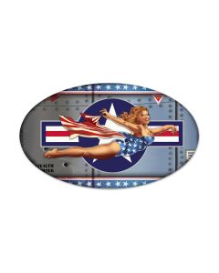 Plane Pinup, Pinup Girls, Oval Metal Sign, 24 X 14 Inches