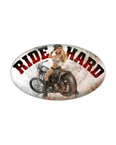 Ride Hard, Motorcycle, Oval Metal Sign, 24 X 14 Inches