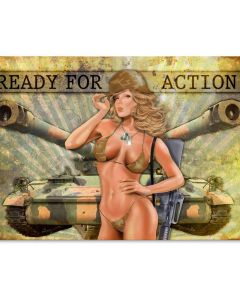 Ready for Action, Pinup Girls, Vintage Metal Sign, 18 X 12 Inches