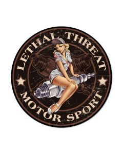 Spark Plug Pinup, Pinup Girls, Round Metal Sign, 14 X 14 Inches