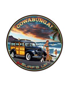 Cowabunga, Automotive, Round Metal Sign, 14 X 14 Inches