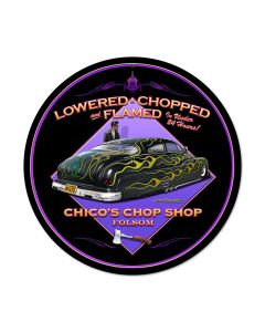 Lowered and Chopped, Automotive, Round Metal Sign, 14 X 14 Inches