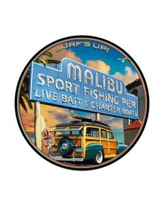 Malibu Pier, Automotive, Round Metal Sign, 28 X 28 Inches