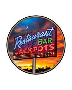 Jackpots, Travel, Round Metal Sign, 14 X 14 Inches
