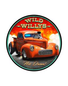 Wild Willys Hot Damn Hot Rod Metal Sign, Automotive, Round Metal Sign, 14 X 14 Inches