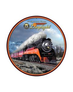 Daylight Winter Train Sign, Train and Rail, Round Metal Sign, 14 X 14 Inches
