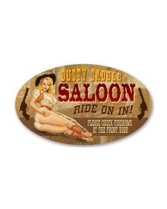 Dusty Saddle, Pinup Girls, Oval Metal Sign, 14 X 24 Inches