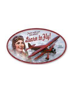 Learn to Fly, Aviation, Oval Metal Sign, 14 X 24 Inches