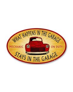 Stays in the Garage, Automotive, Oval Metal Sign, 14 X 24 Inches