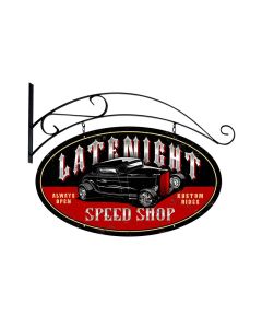 Latenight Speed Shop, Automotive, Double Sided Oval Metal Sign with Wall Mount, 24 X 24 Inches