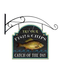 Fish and Chips, Bar and Alcohol, Double Sided Custom Metal Shape with Wall Mount, 18 X 19 Inches