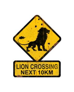 Lion Crossing Next 10 km, Humor, Custom Metal Shape, 25 X 20 Inches