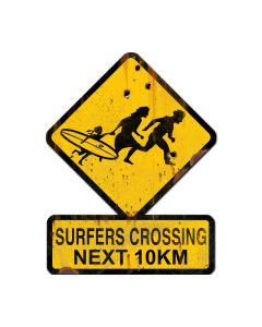 Surfers Crossing Next 10 km, Humor, Custom Metal Shape, 25 X 20 Inches