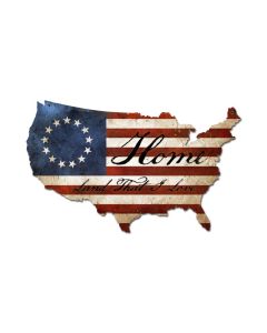 USA Flag Home, Patriotic, Custom Metal Shape, 25 X 16 Inches