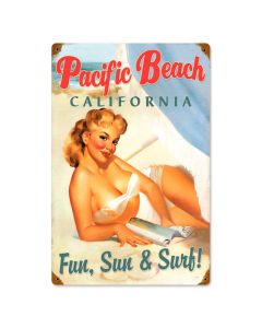 Pacific Beach Pinup, Pinup Girls, Vintage Metal Sign, 12 X 18 Inches