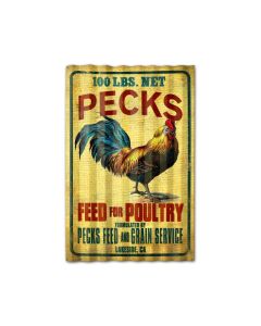 Pecks Rooster Feed Corrugated, Food and Drink, Corrugated Rustic Barn Wood Sign, 16 X 24 Inches
