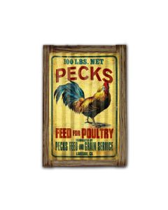Pecks Rooster Feed Corrugated Framed, Food and Drink, Corrugated Rustic Barn Wood Sign, 16 X 24 Inches