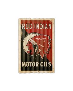 Red Indian Motor Oil Corrugated Framed, Automotive, Corrugated Rustic Barn Wood Sign, 16 X 24 Inches