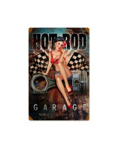 Hot Rod Garage, Pinup Girls, Vintage Metal Sign, 12 X 18 Inches