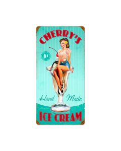 Cherry's Ice Cream, Pinup Girls, Vintage Metal Sign, 12 X 24 Inches