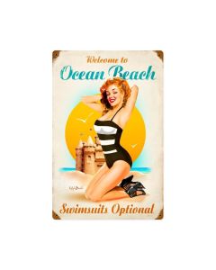 Ocean Beach Girl, Pinup Girls, Vintage Metal Sign, 12 X 18 Inches