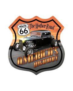 Route 66 Hotrod, Automotive, Shield Metal Sign, 15 X 15 Inches