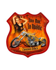 Flames Pinup, Motorcycle, Shield Metal Sign, 15 X 15 Inches