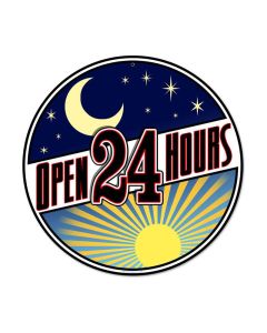 Open 24 Hours, Other, Round Metal Sign, 14 X 14 Inches