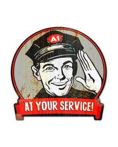 Service Man, Automotive, Round Banner Metal Sign, 15 X 16 Inches