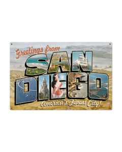 San Diego Postcard Vintage Sign, Home & Garden, Metal Sign, Wall Art, 36 X 24 Inches